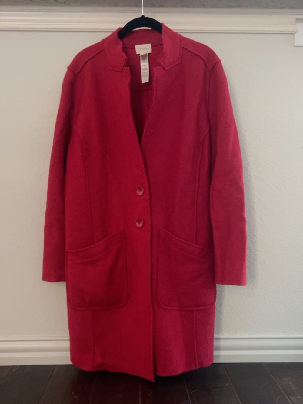 Chico’s Red Long Knit Coat Jacket Button Front Pockets Size 2